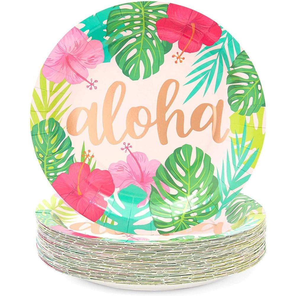 80 Pack Tropical Aloha Paper Plates 9 inch for Summer Hawaiian Luau Birthday Party Supplies