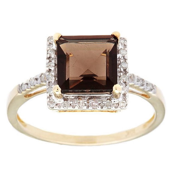 10k Yellow Gold Square Smoky Quartz and Diamond Halo Ring