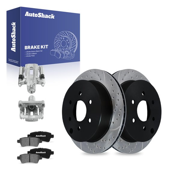 AutoShack Rear Vented Drilled & Slotted E-Coated Brake Rotors   Ceramic Pads   Calipers 8-PC Brake Kit Replacement for 2006-2007 Nissan Xterra ShadowGuard 11.25" (285.8 mm)