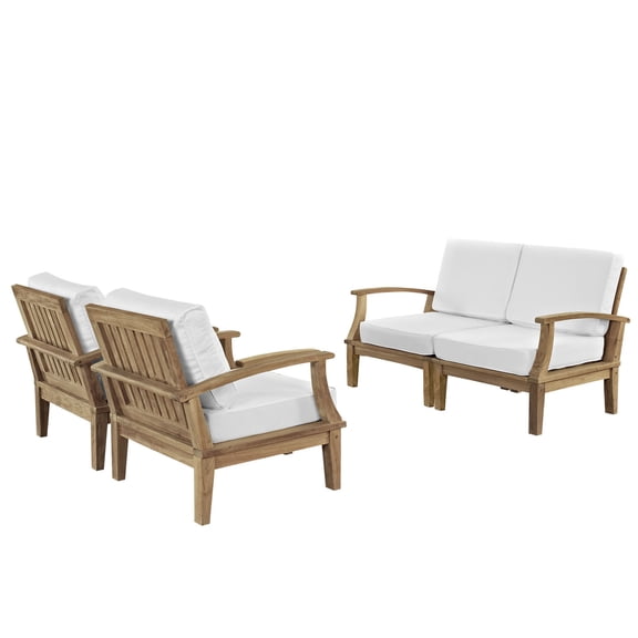 Modern Contemporary Four PCS Outdoor Patio Teak Sofa Set, White, Fabric, Wood
