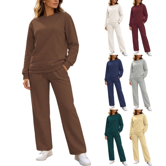 Zynoxe Womens Plus Size Lounge Sets Casual Solid Color Crew Neck Shirt and Wide Leg Sweatpants Sweatsuits Soft Comfy Two Piece Outfit for Daily Wear