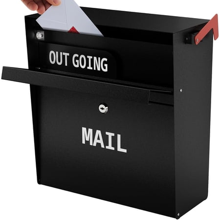 Metateel Wall Mounted Locking Mailbox with Outgoing Mail Slot Secure Drop Box for Home or Office Weatherproof Steel Mail Box with Key Lock and Red Flag (Black)