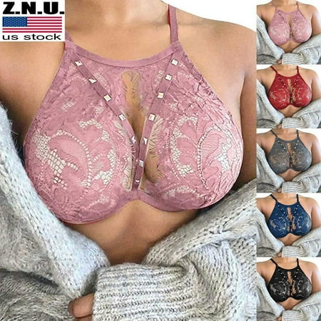 

Sexy Women lace Floral Mesh Sheer See-Through Halter Neck Bra Vest Tank Crop Top