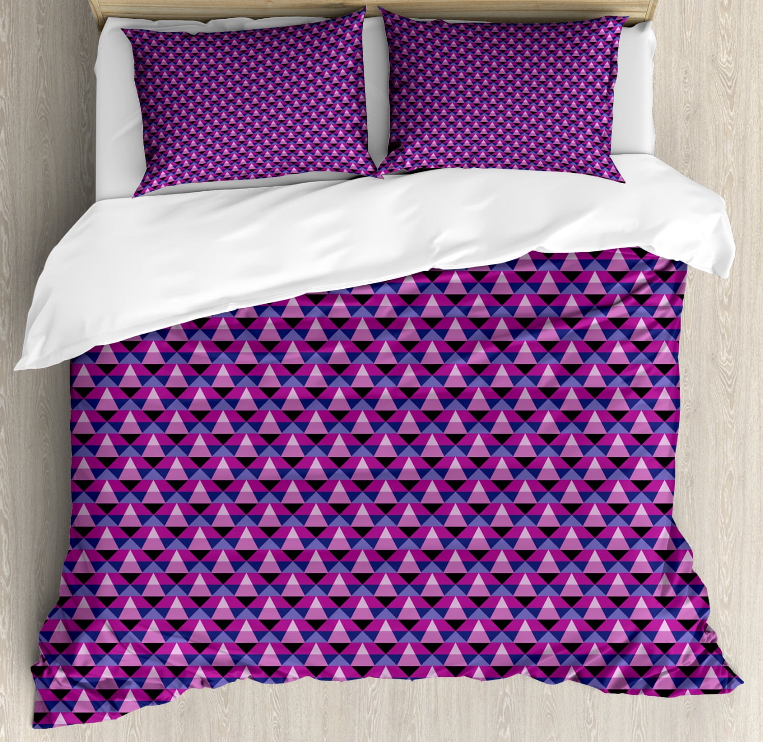 Edgy Duvet Cover Set King Size, Triangles in Purple Tones Geometric
