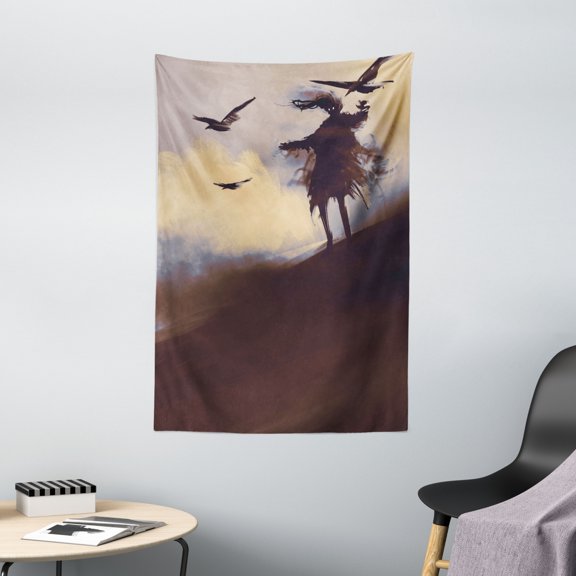 Horror Tapestry, Dark Soul From a Scary Movie on the Hills with Clouds and Flying Crows Print, Wall Hanging for Bedroom Living Room Dorm Decor, 40W X 60L Inches, Brown Mauve Begie, by Ambesonne