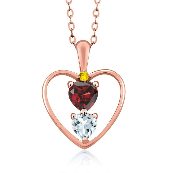 18K Rose Gold Plated Silver Red Garnet Sky Blue Aquamarine and Yellow Sapphire Pendant Necklace for Women (0.86 Cttw, Gemstone January Birthstone, Heart 5MM and 4MM, with 18 inch Silver Chain)