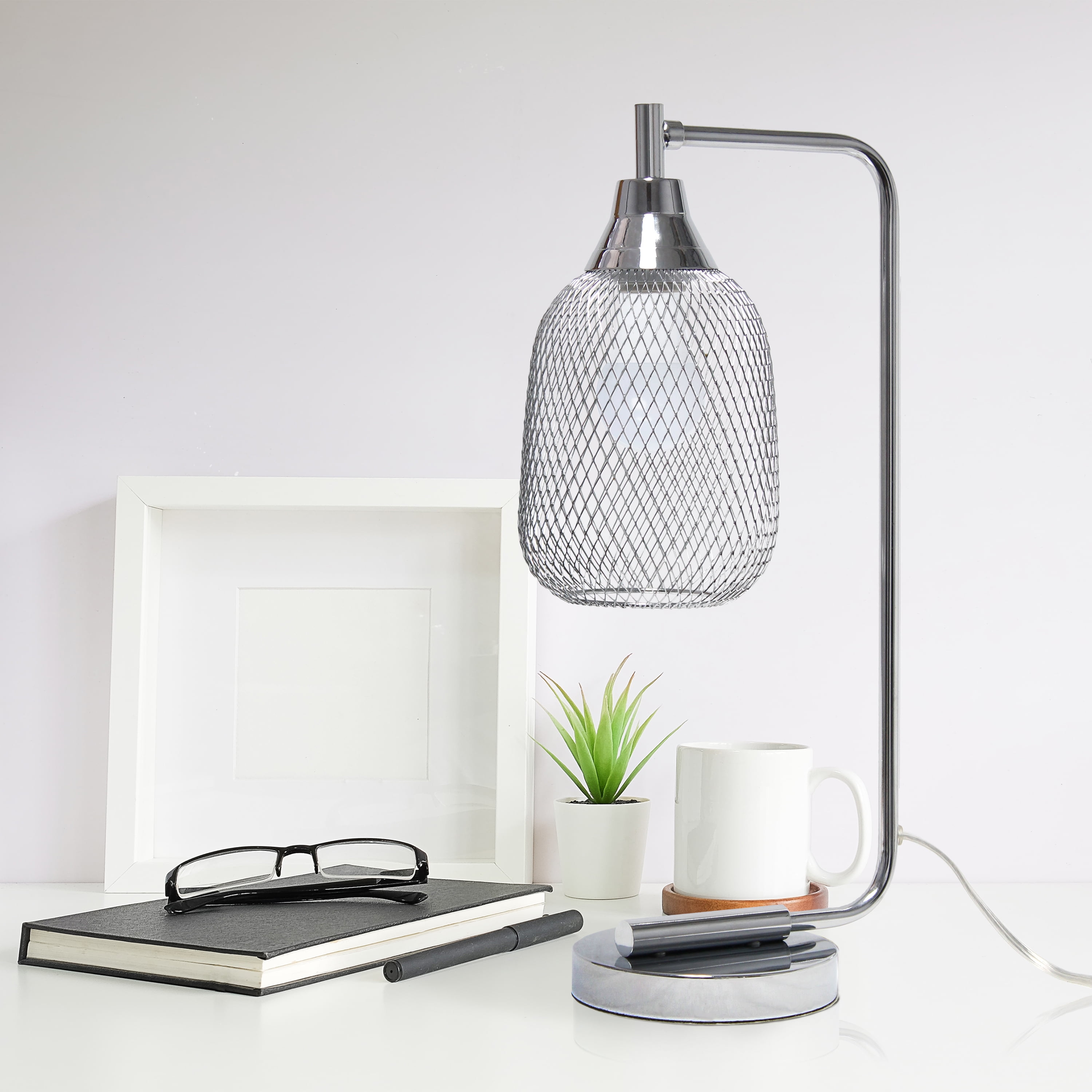 Elegant Designs 19" Industrial Mesh Wire Desk Lamp with LED Bulb, Chrome