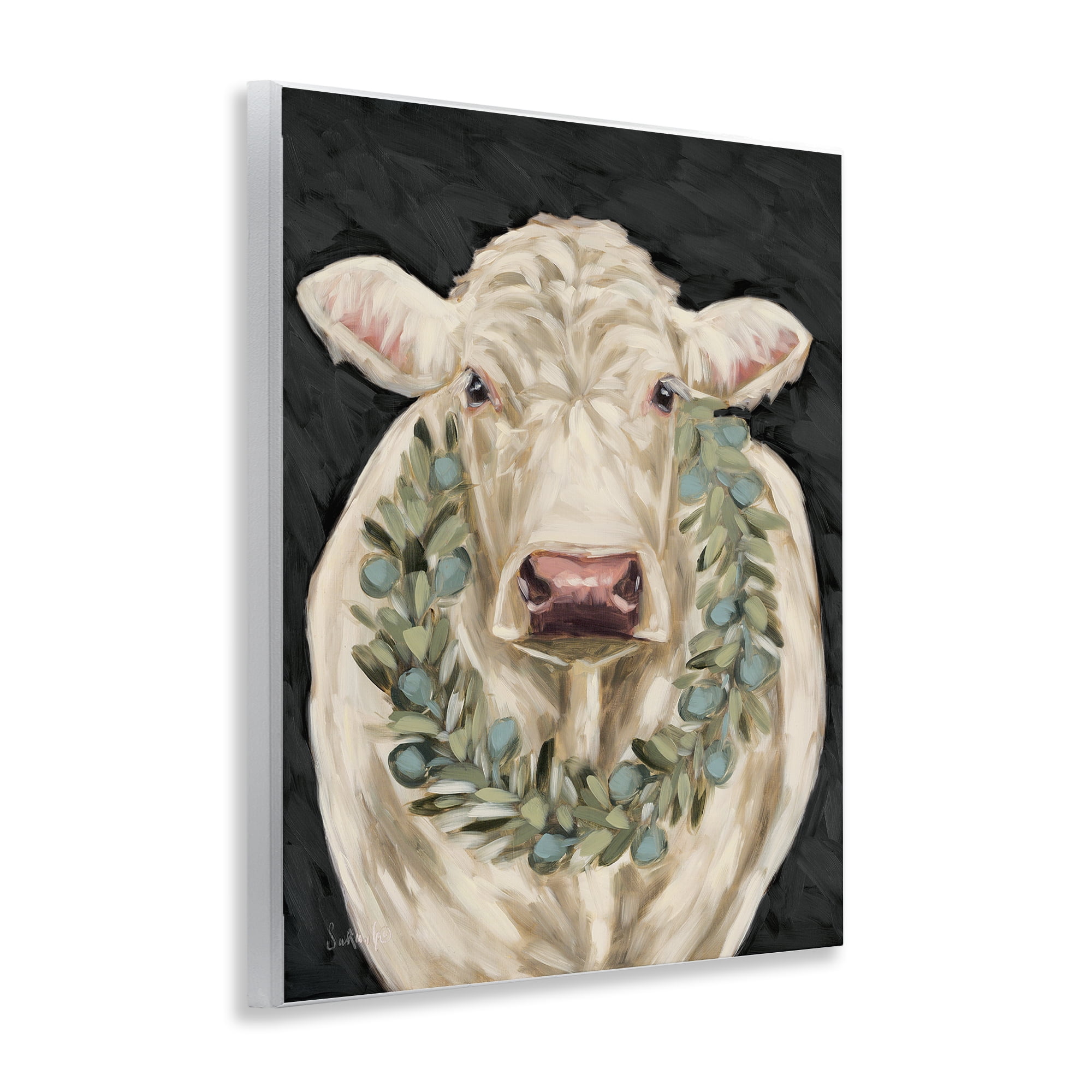 Stupell Industries Cow with Holiday Wreath Holiday Painting Unframed Art Prints Wall Art, 11 x 14