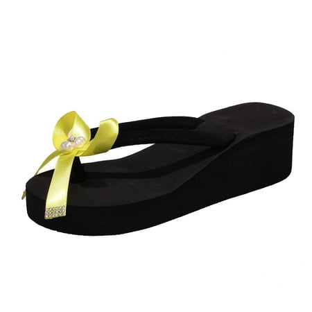 

Womens Flip Flops Mid Heel Slippers Comfortable Wedge Slippers Summer Sandals Fashion Women s Shoes Casual Round Toe Wedge Heel Bow Slippers Pearl Flip Flops Yellow 5.5
