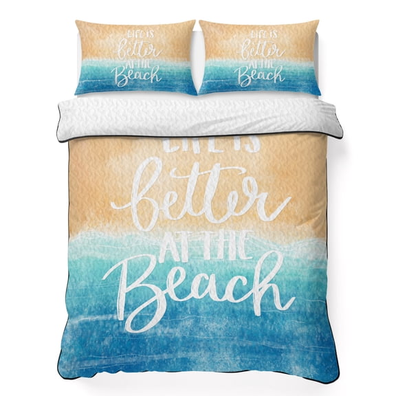 Twin XL Quilt Set 68''x98'', Blue Coastal Lightweight Summer Bedspread Coverlet Set with 2 Pillow Shams, Life Is Better At The Beach Beach Breathable All Season Quilt Bedding for Dorm/Guest Room