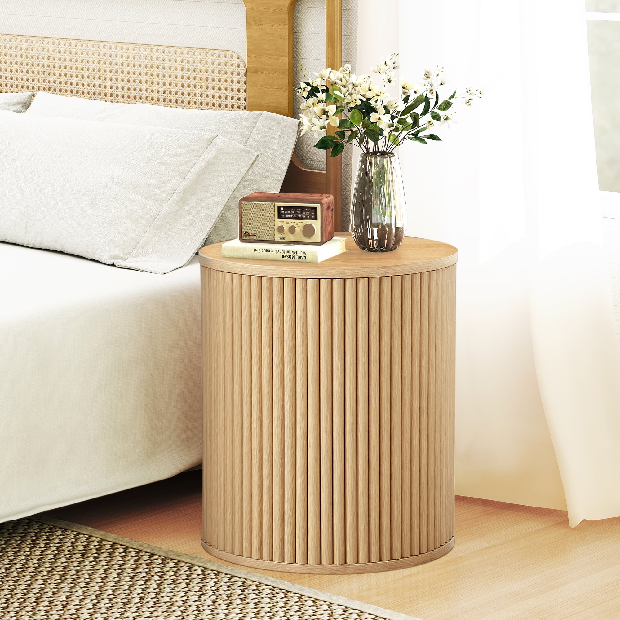 Wirrytor Round Side Table for living room, Fluted End Table for Small Spaces, Mid Century Modern Small Accent Tables, Bedside Table, Couch Side Table, Nightstand for Bedroom Couch,Oak