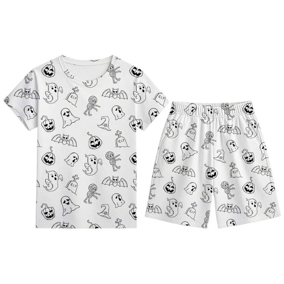Kids Halloween Pajama Set Short Sleeve Round Neck Shorts Sleepwear Comfortable DIY Print Black White Line Casual Loungewear for Boys Girls