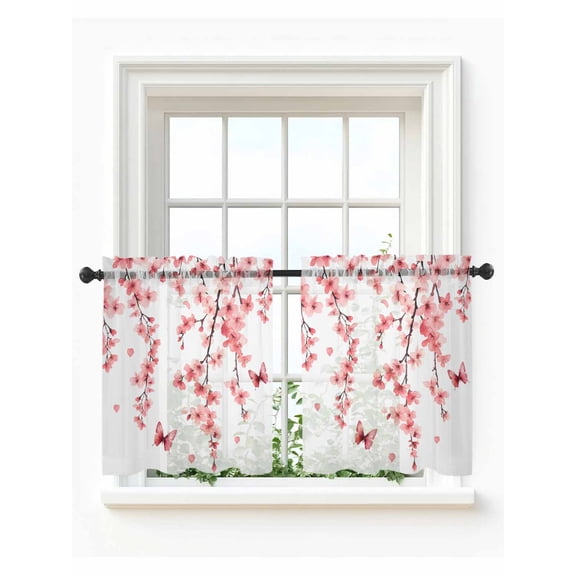 Cherry Blossoms Tier Curtains 36 Inch Length,Sheer Curtains for Bedroom Living Room Window Spring Botanical Flowers Watercolor Rod Pocket Drapes Kitchen Curtains Small Half Window 27.5"x36" 2 Panels