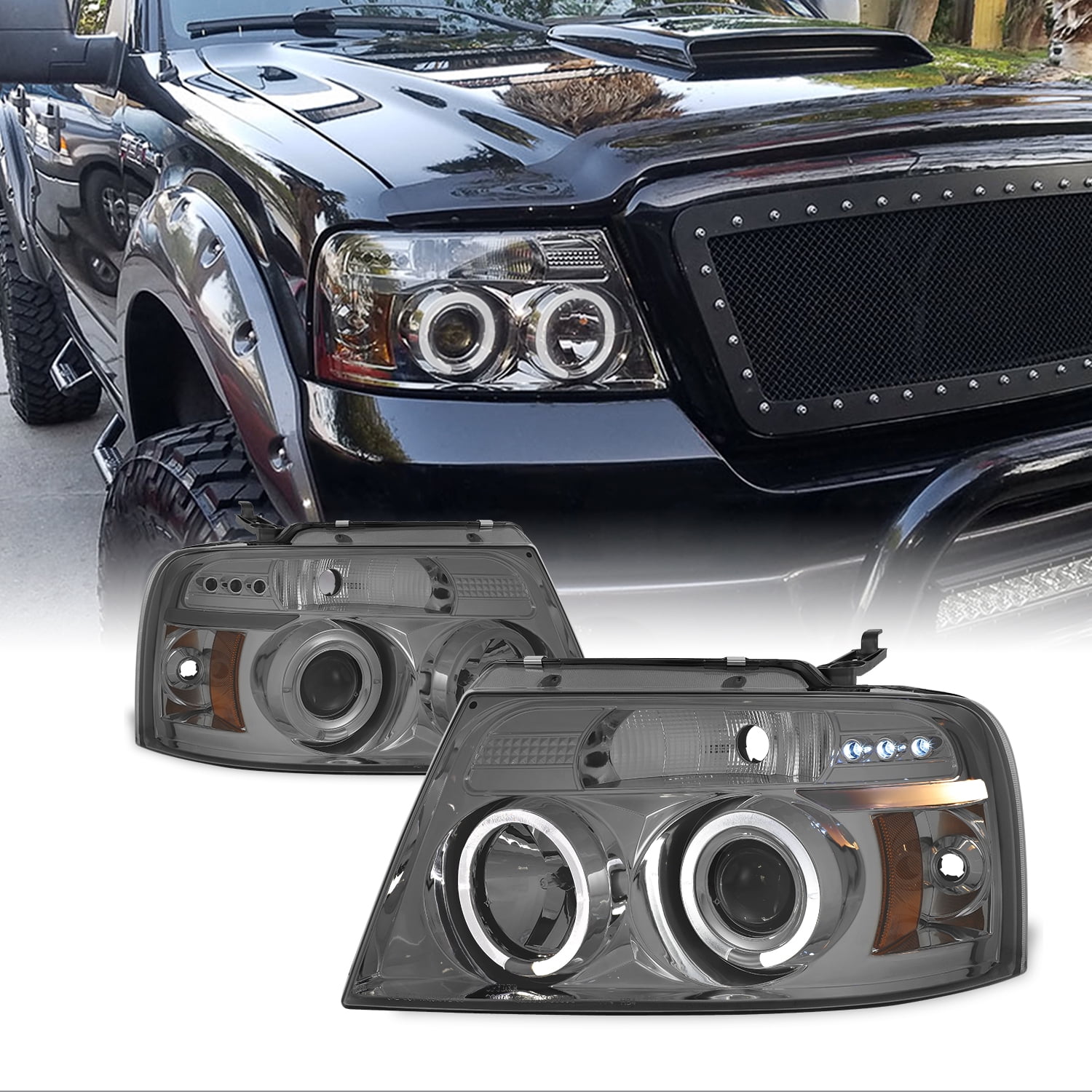 Driver & Passenger Side ACANII For 2004-2008 Ford F150 LED CCFL Dual Halo Smoked Lens Projector Headlights Headlamps 