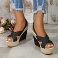 thumbnail image 4 of Jacenvly 2024 New Summer New Muffin Slope with Sandals Female Denim Crossed Buckle Big Yards Beach Sandals Slippers Black Sandals for Women, 4 of 6