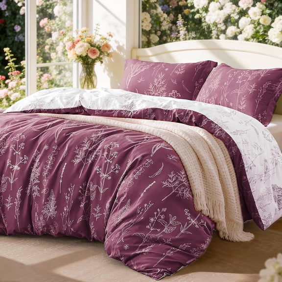 Lavender Comforter Set Queen - Queen Size Comforter Set, 3 Pieces Cute Floral Bedding Sets for All Seasons,1 Soft Reversible Botanical Flowers Comforter and 2 Pillow Shams