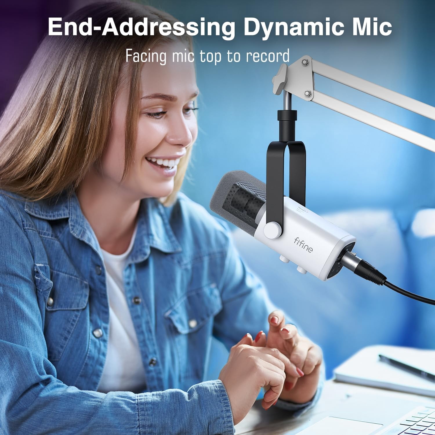 FIFINE AM8 Dynamic Microphone with Boom Arm Stand, USB XLR Gaming Microphone Kit for PC Computer PS5 with RGB, Mute, Headphone Jack for Streaming AM8T, White
