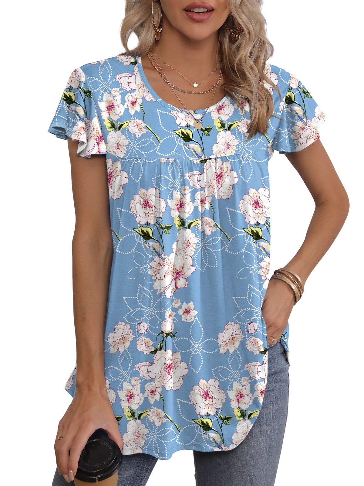 QINCAO Womens Tops Floral Ruffle Short Sleeve O Neck Loose Ladies Tops ...