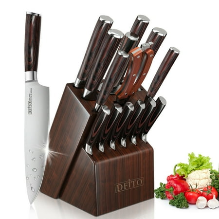

MDHAND 15pc Kitchen Knife Set Sanding Pattern Forged Stainless Steel Chef Knife with Wooden Block& Built in Sharpener