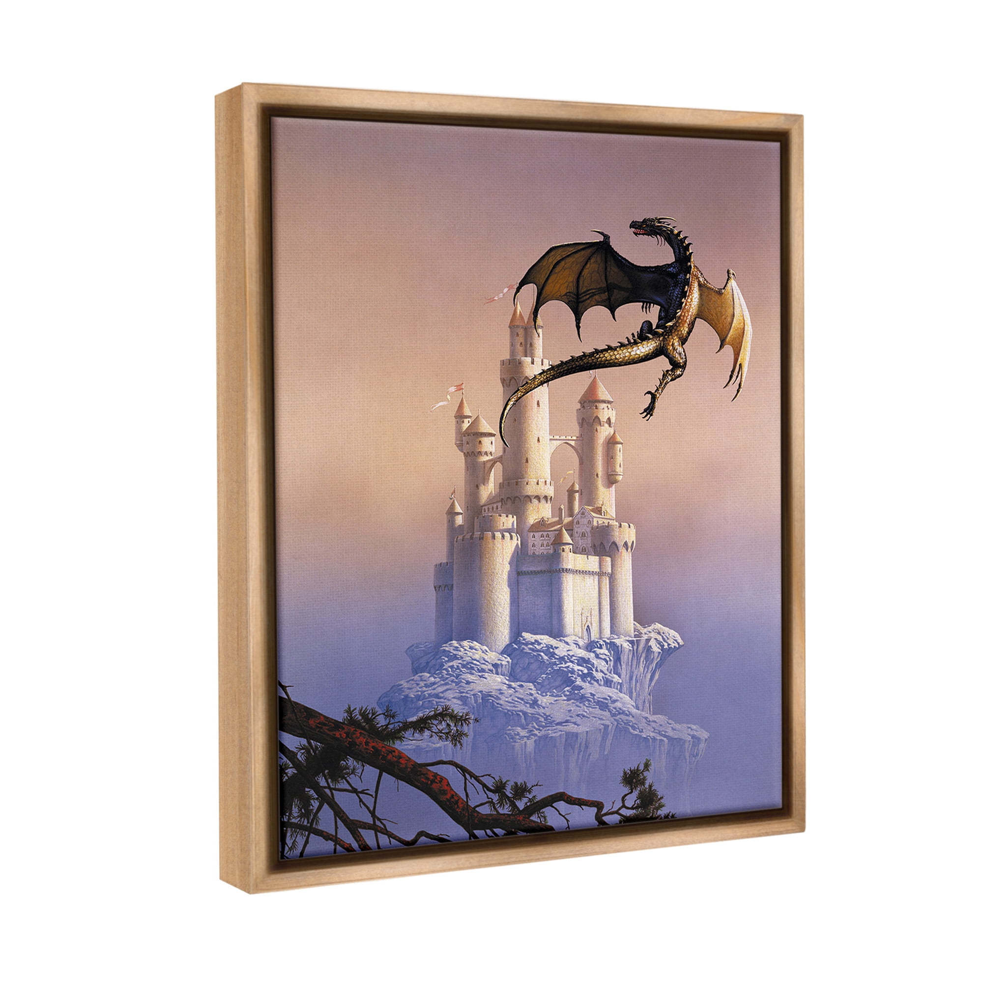 Stupell Industries Magical Dragon & Castle Fairy Tales & Fantasy Painting Brown Floater Framed Canvas Art Print Wall Art, 17 x 21