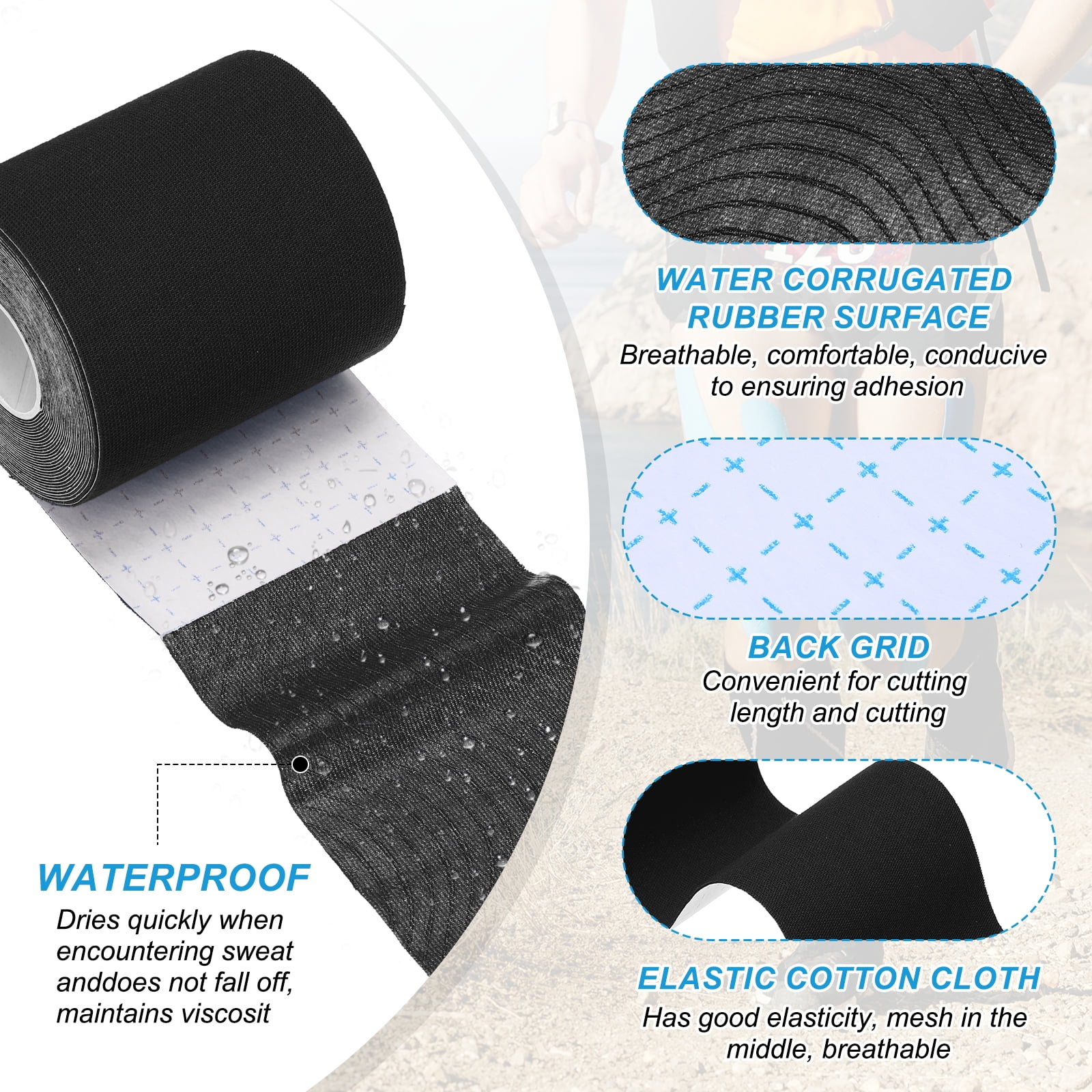 Uxcell 5.5 Yard x 3 Inch Kinesiology Tape, Adhesive Cotton Sports Muscle Support Tapes Waterproof Elastic Tape Black 3 Roll