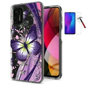 Motorola Moto G Stylus (2021) Phone Case / Straight Talk Moto G Stylus (6.8”) Case, Design Transparent Hybrid Cover [Tempered Glass] (Purple Butterfly)