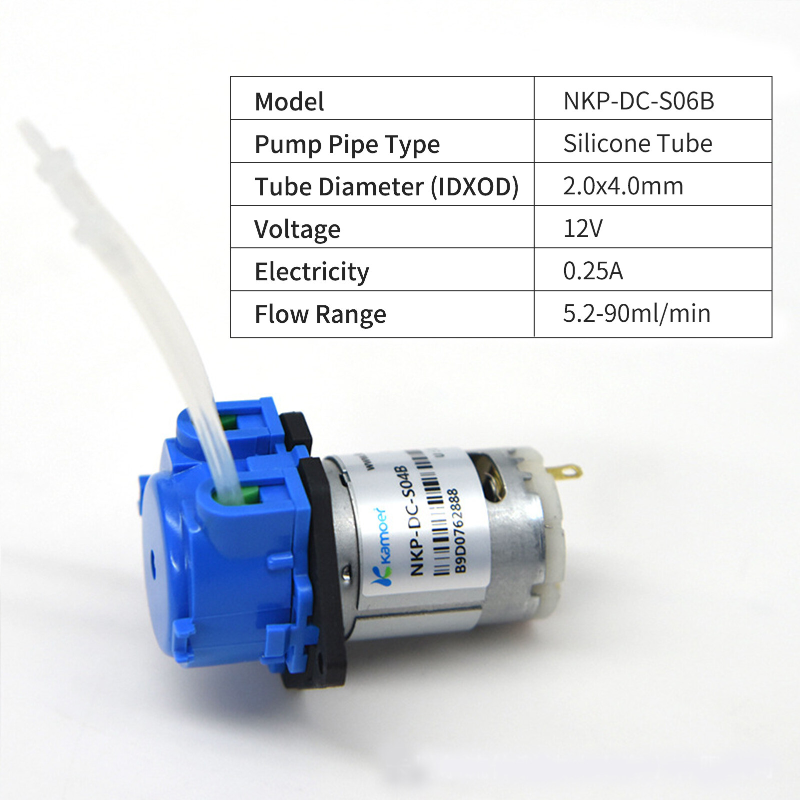 Kamoer Peristaltic Pump Aquarium Liquid Water Pump Flow Adjustable 5.2-90ml/min 12V Dosing Pump for DIY Aquarium Lab Chemical Analysis Dosing Additives 2.0x4.0mm NKP-DC-S06B