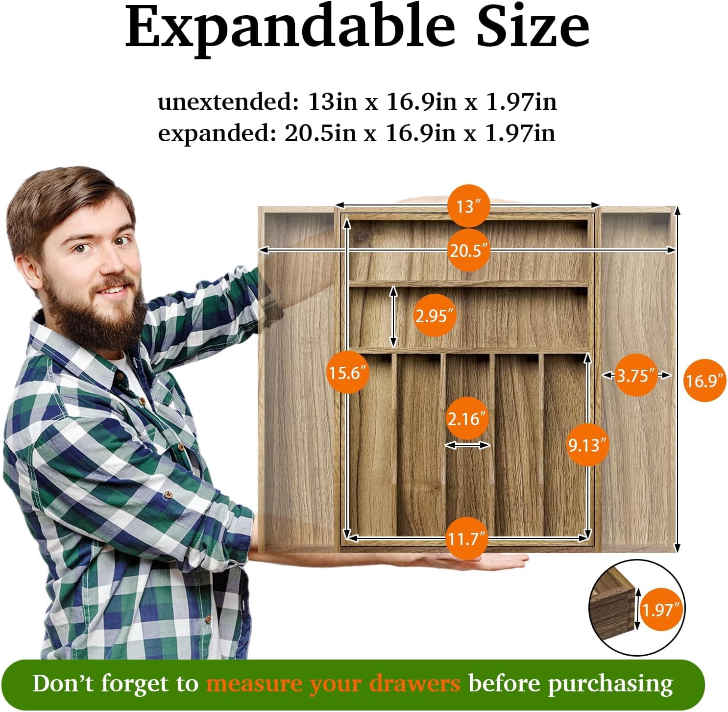 Acacia Wood Kitchen Silverware Drawer Organizer, Expandable Utensil Cutlery Organizer with Dividers, Flatware Tray for Spoon, Fork, 13''-20''x16.9'' (7-9 Slots)