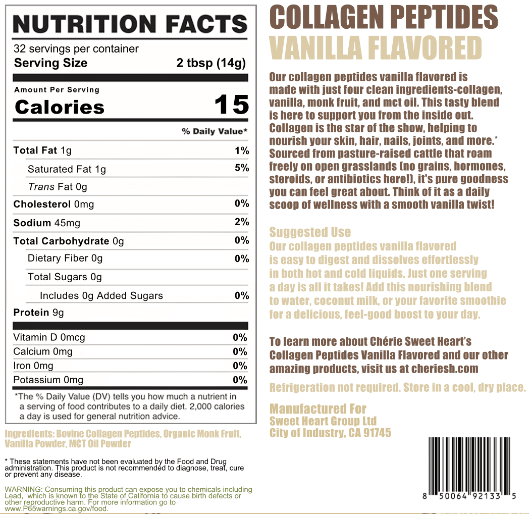 Cherie Sweet Heart Collagen Peptides Hydrolyzed Powder, 9 g, 32 Servings, Vanilla