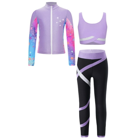TSSOE Kids Girls 3 Pcs Skating Dance Outfit Jacket Crop Top with Pants Set Ice Skating Gymnastic Light Purple 16
