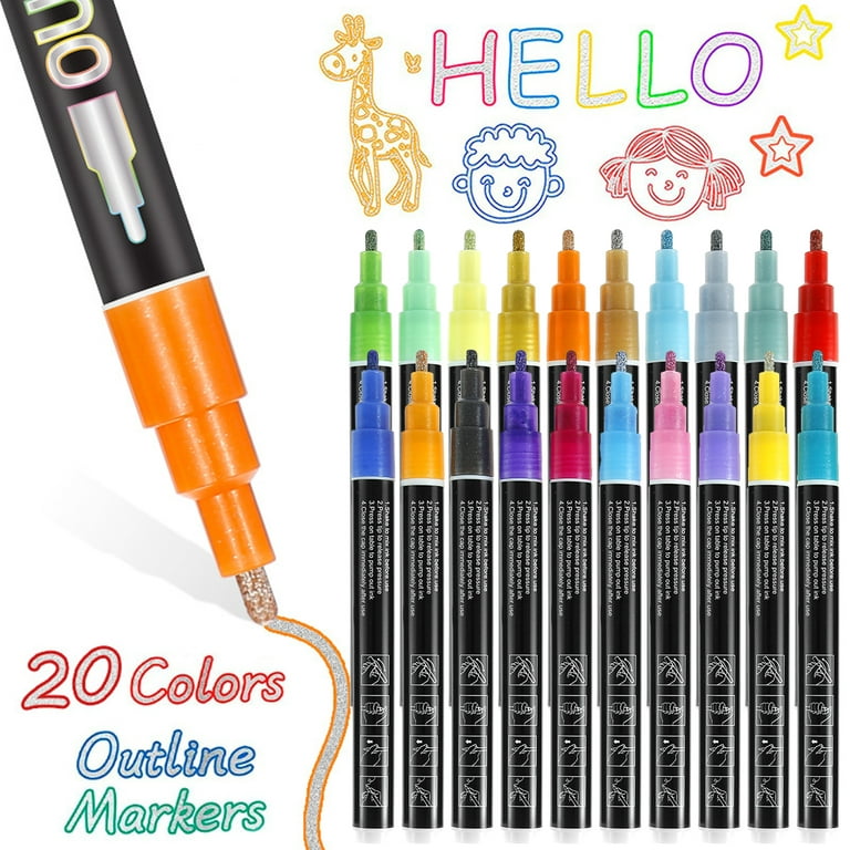 12 Colors Shimmer Outline Markers, Double Line Metallic Pen Set Sparkle  Self-Outline Doodle Marker Cool Magic Silver Glitter Dazzle Pen Card  Dazzlers