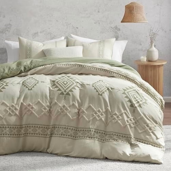 Boho Duvet Cover Set Twin Size, Beige and Sage Green Color Clash 2 Pieces Microfiber Bedding Set, Durable and Super Soft Duvet Covers with Zipper and Ties, 68"*90"