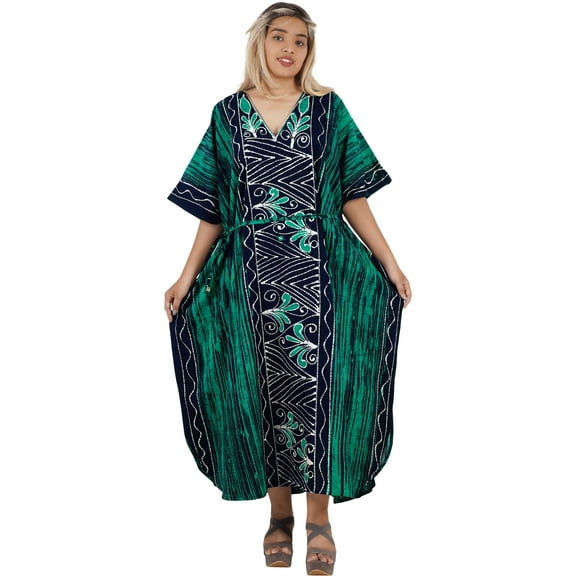HAPPY BAY Women's Summer Batik Caftan Long Loungewear Dashiki House Dress V Neck Kaftan Sleepwear for Women Nightgown 2X-3X Lime_D278