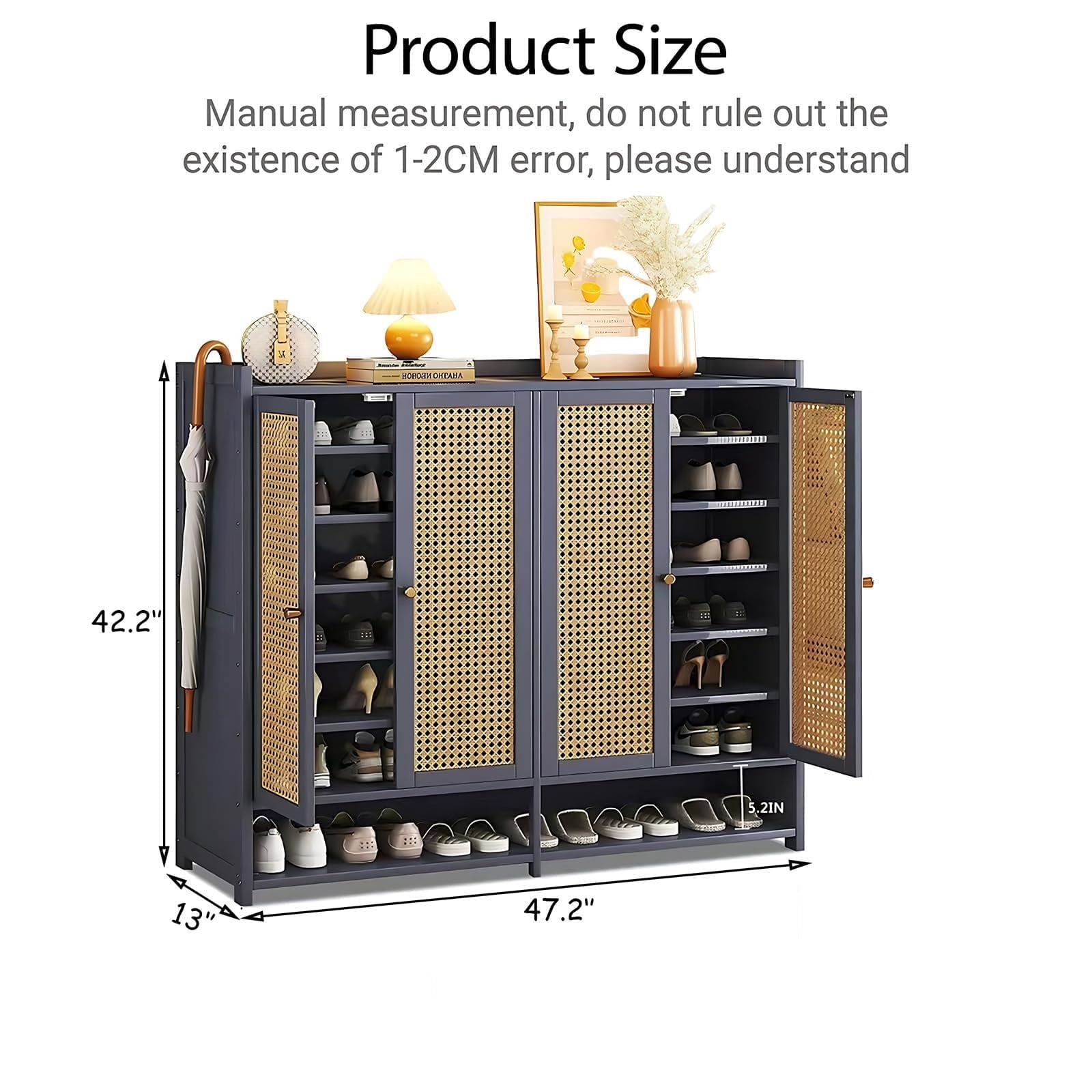 8-Tier Bamboo Shoe Cabinet, 40 Pairs Shoe Storage Cabinet with Doors, Freestanding Bamboo Shoe Rack Organizer with Shelves for Entryway, Hallway, Closet, Living Room, Grey