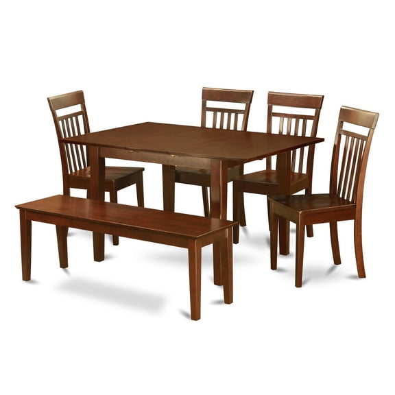 East West Furniture Milan 6-piece Wood Kitchen Table Set with Bench in Mahogany