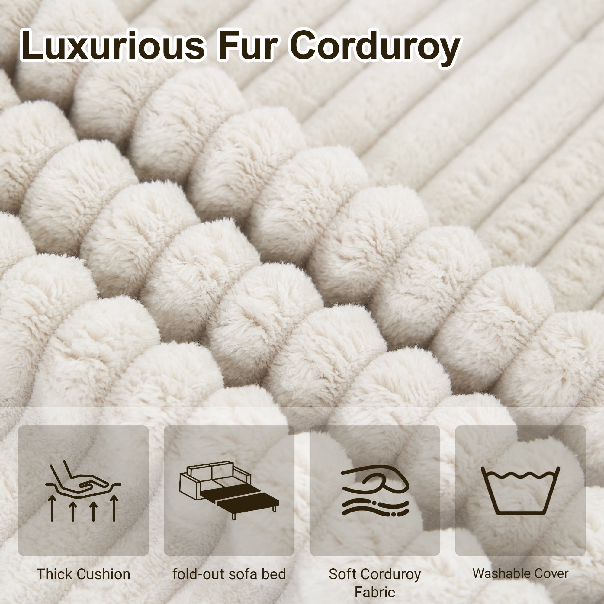 55" Convertible Futon Sofa Bed,Folding Boneless Couch with Sleeper Sofa,Fold Out Floor Sofa with Deep Seat,Cloud Corduroy Foldable Mattress Couch for Living Room,White