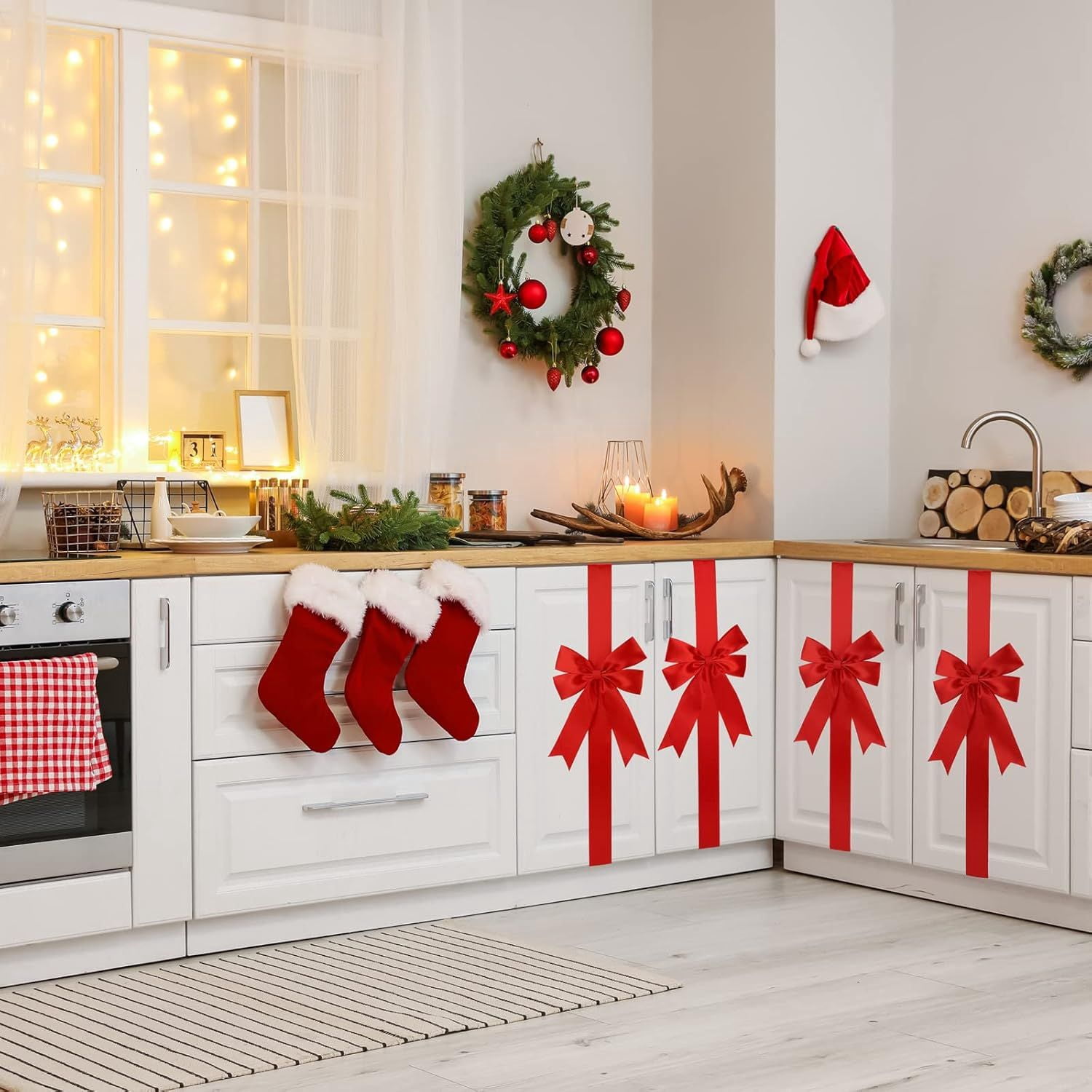 6 Pieces Christmas Door Cabinet Bows Large Christmas Red Ribbons Cabinet Door Bows for Christmas Festive Party Supplies, 10 x 87 Inches