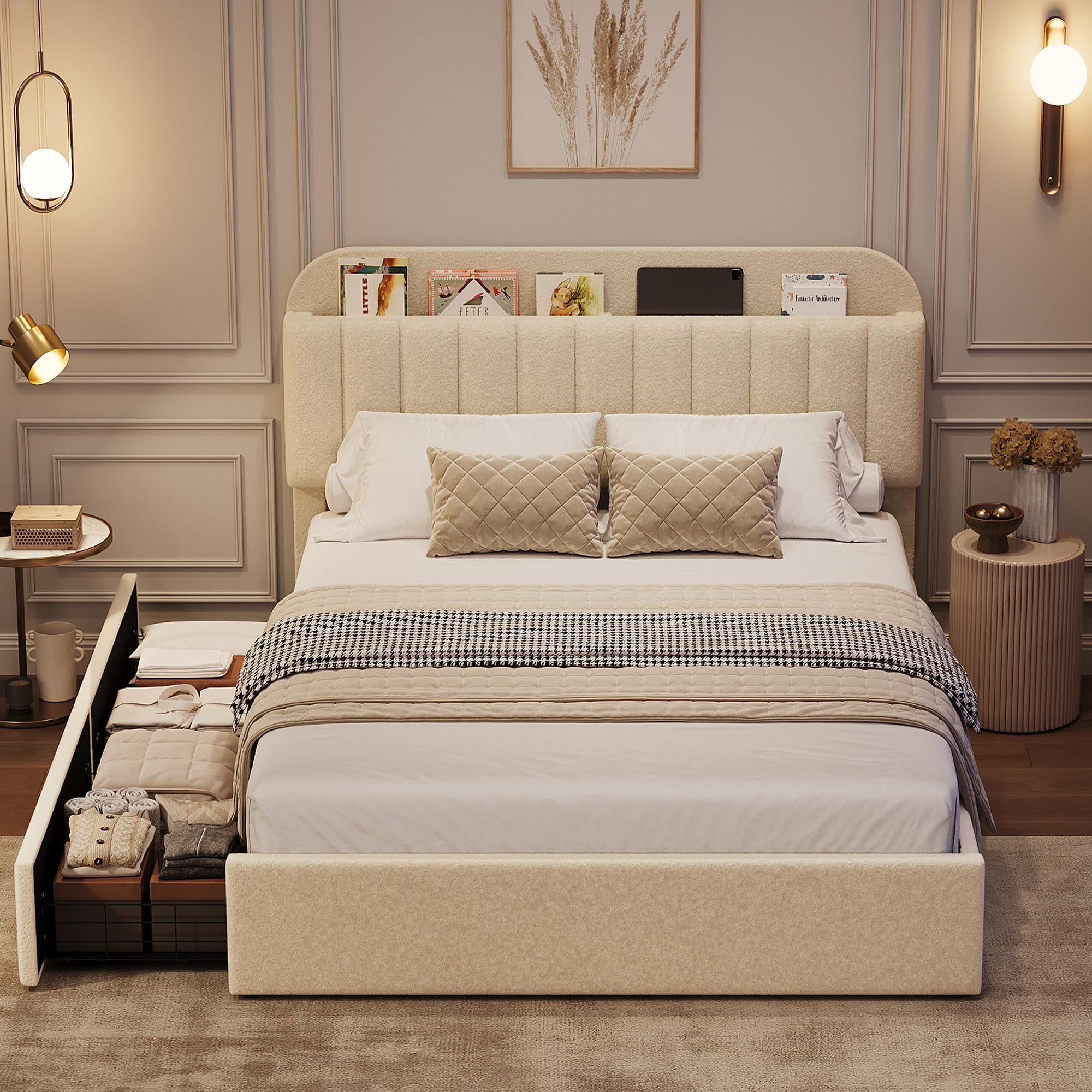 Full Bed Frame, Boucle Upholstered Platform Bed Frame with Storage Headboard & 2 Flexible Drawers, Easy Assembly, No Box Spring Needed for Teens, Adults