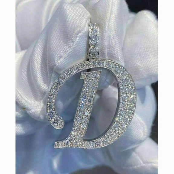 2CT Round Cut Simulated Diamond Cluster Men's Letter D Pendant 14K White Gold Plated 925 Sterling Silver