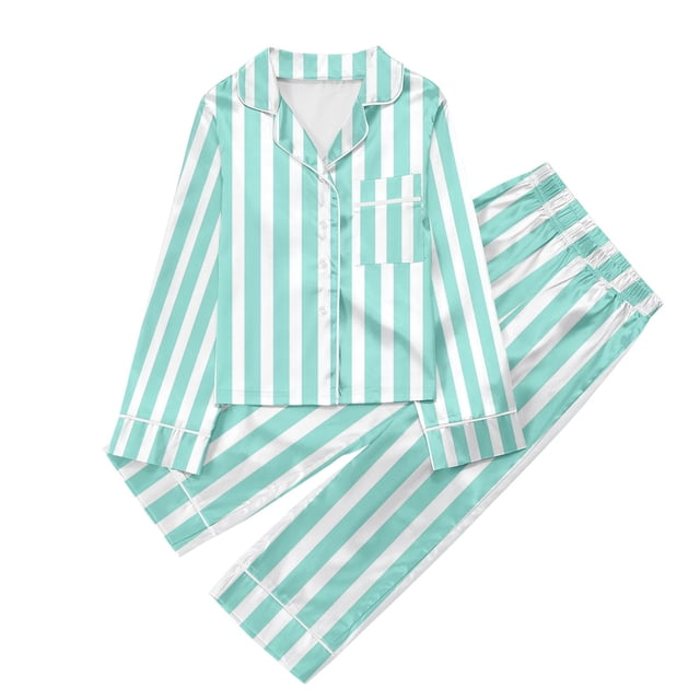 PMVFHDE Pyjamas pour Filles, Ensemble de Pyjamas Décontractés Imprimés à Boutons, Col à Revers, Manches Longues et Pantalon, Vert Menthe, 5-6 Ans