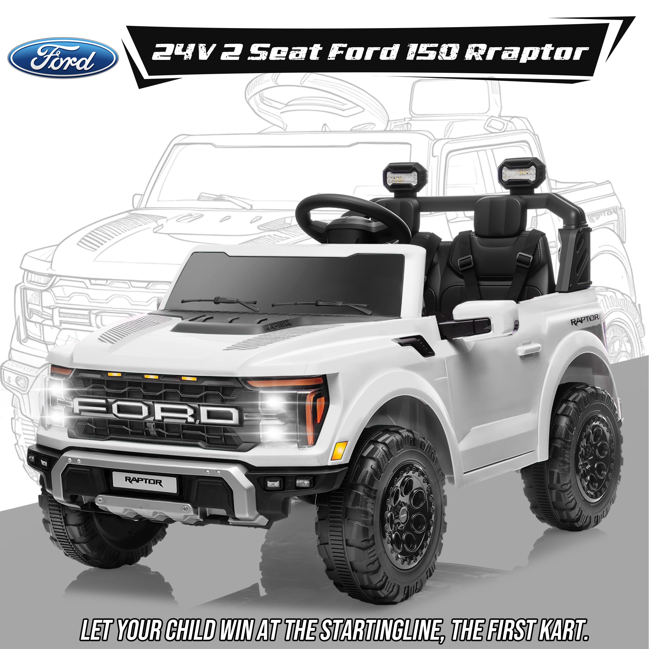 Ford F150 Raptor 2 Seater Ride on Toy Trucks for Kids, 24V Powered 2 Seat Ride on Cars with Remote Control/4 Wheelers/LED/Bluetooth/ Truck Bed Storage/Soft Start, Kids Electric Cars for Boys Girls
