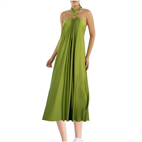 OSFVNOXV Maxi Dress for Women Halter Satin Dress Tie Neck Low Back Flowy Swing Long Wedding Guest Cocktail Party Dress