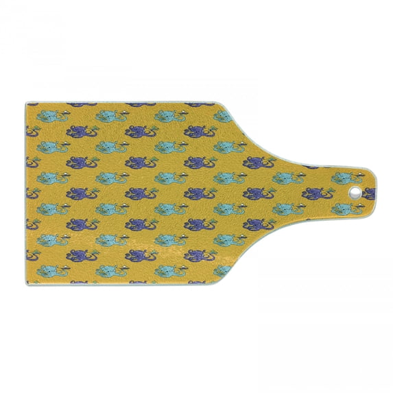 Sea Monster Cutting Board, Cartoon Style of Octopus Looking at Mini Ships, Decorative Tempered Glass Cutting and Serving Board, in 3 Sizes, by Ambesonne