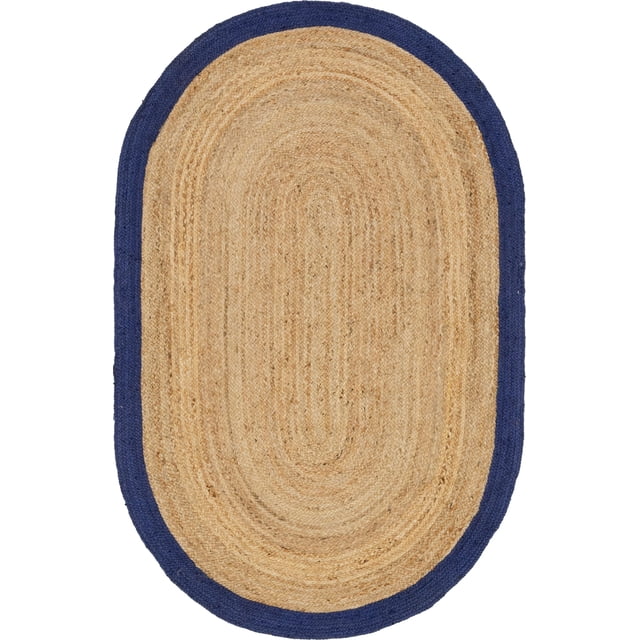 Unique Loom Braided Jute Collection Hand Woven Fibers Oval Rug, 5 x 8 Feet, Natural/Navy Blue
