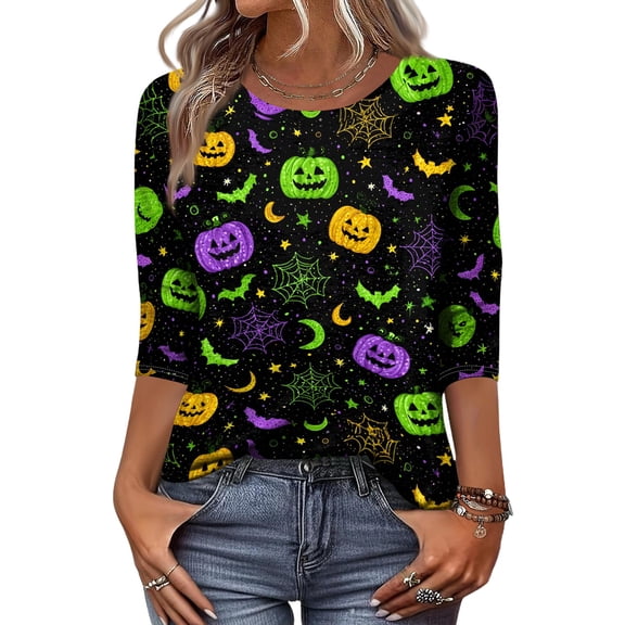 Halloween Shirts for Women CrewNeck Shirts Fall Halloween Funny Graphic 3/4 Length Sleeve Tops