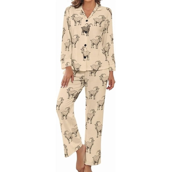 Top-kevin Pajama Sets for Womens Goat Pattern Art Loose Button Down Long Sleeve Shirts And Pants Set