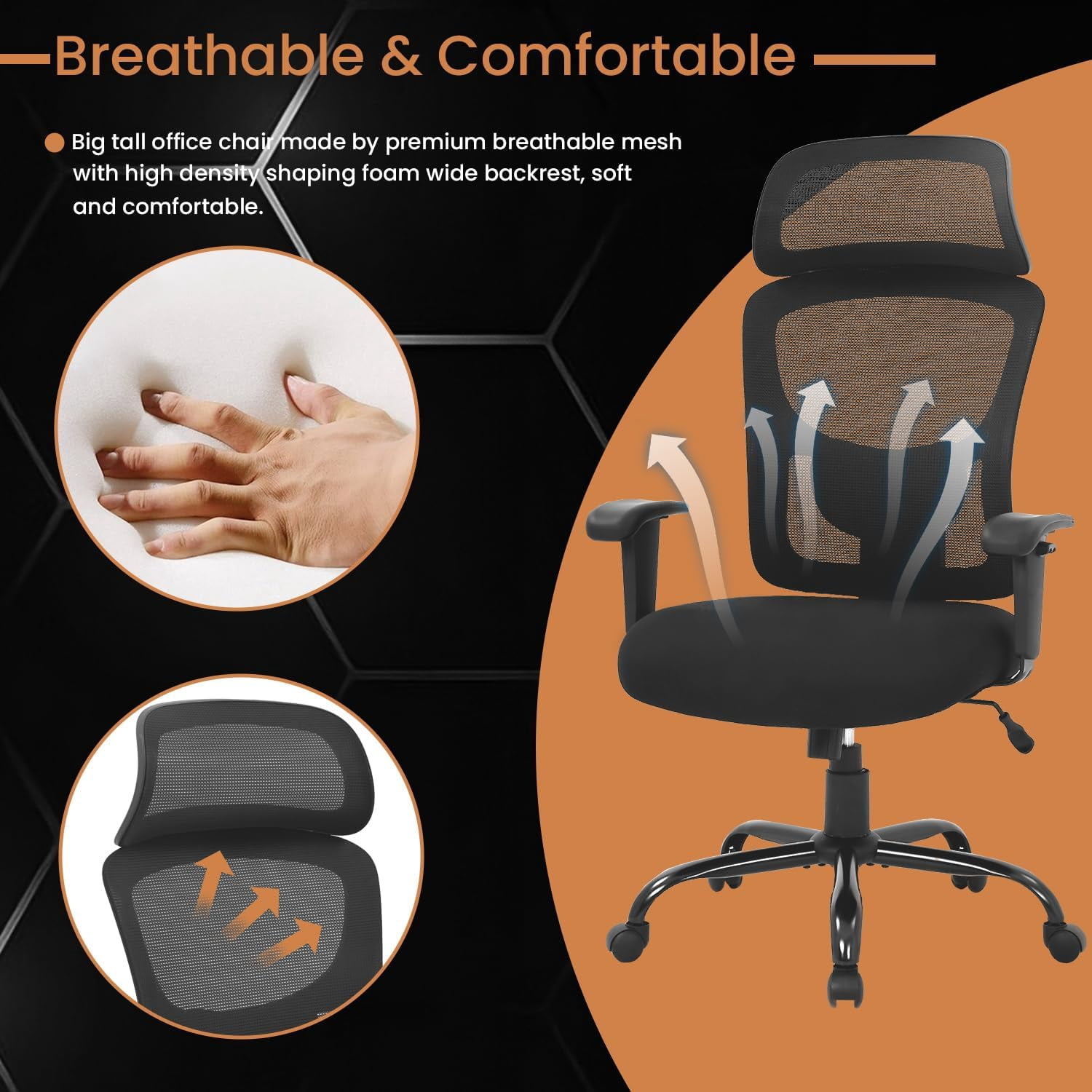 PayLessHere Big & Tall Home Office Chair 400lb, Wide Mesh Seat, Adjustable Lumbar Support - Black
