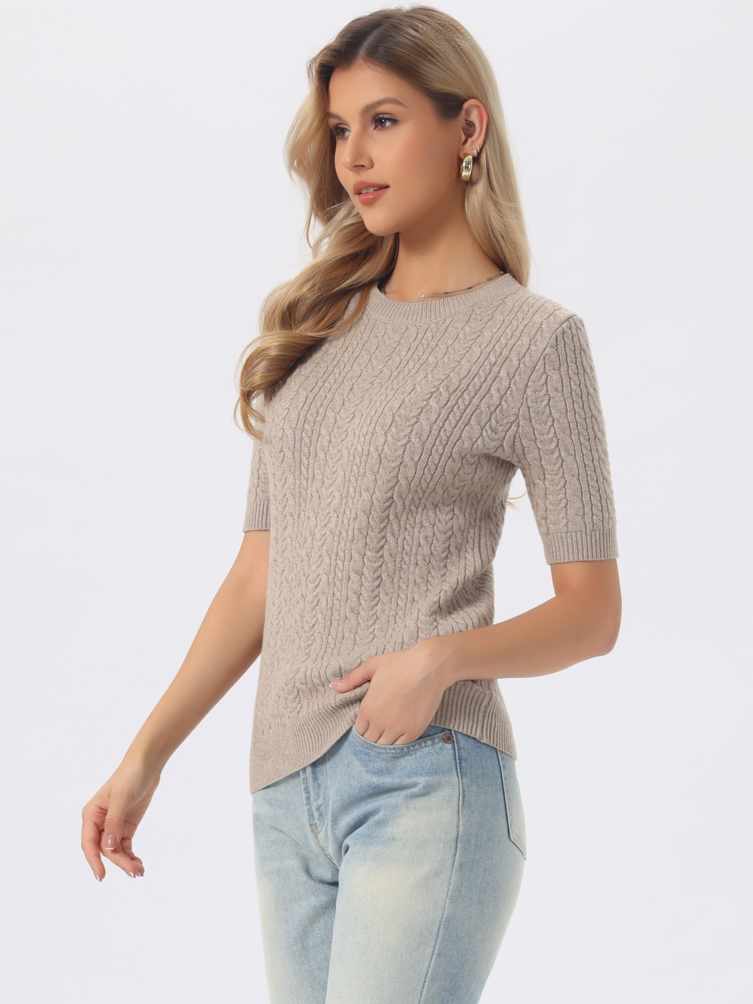 DARING DIVA Women's Lightweight Short Sleeve Sweater L Camel