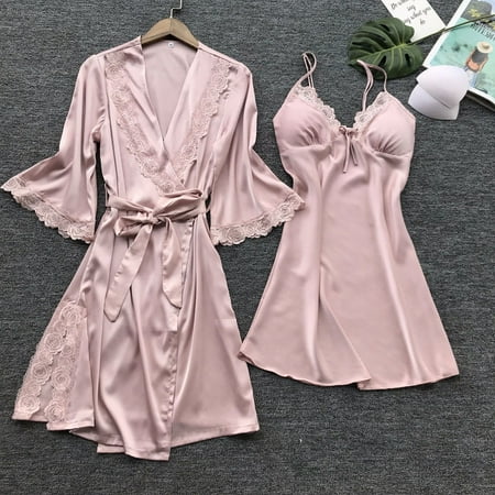- Sexy Lingerie Women Silk Lace Robe Dress Babydoll Nightdress Nightgown Sleepwear Pink S