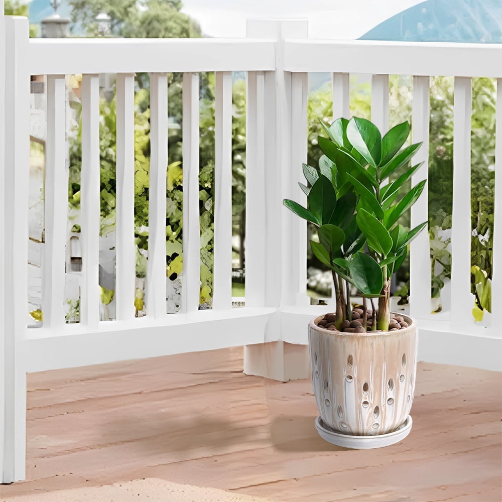 MAYEERTY 2 Pack Striped Ceramic Planter Pot with Drainage Hole, 8" Planter for Indoor Outdoor Patio, Garden, Brown